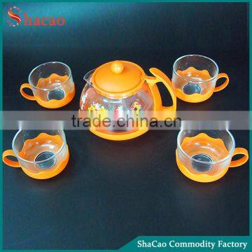 decal printing orange sunflower glass tea pot sets with 4 cups and filter