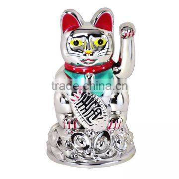 Chinese Oriental Lucky Good Luck Siver Maneki Neko Battery Operated Waving Paw Hand Beckon Cat