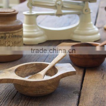 Natural Mango Wood Salt & Sugar Bowl With Wooden Spoon