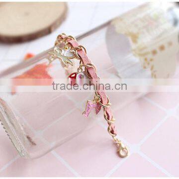 Enamel Magic Charms Bracelet Gold Chain and Suede Leather Handwoven Bracelet Lovely Charms Bracelet