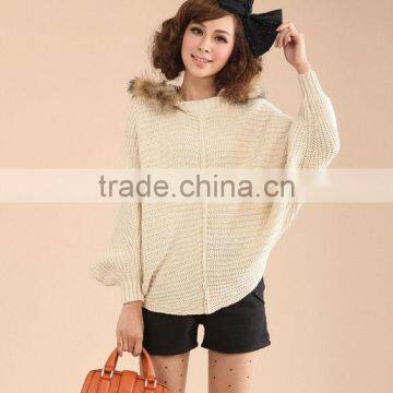 OEM ladies fashion long sleeve knitting woman pullover sweater with fur hoodie