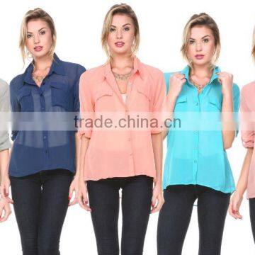 Latest Women Long Sleeve Loose Chiffon Casual Tops Button Down Shirt Ladies Blouse