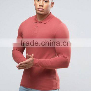 Cheap New Design Custom Long Sleeve Two Button Placket Red men's Cotton Spandex 200gsm Casual Skinny Body Slim Fit Polo Shirt