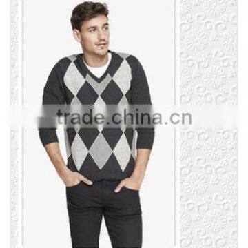 mens 100% cashmere intarsia pullover men v neck sweater China manufacturer