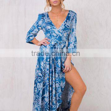 Paisley Print Long Sleeve Maxi Wrap Dress in Blue for Mature Women photo-6