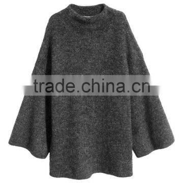 High Quality Long Bell Sleeves Crew Neck Ribbed Handmade Wool Knit Sweater for Women photo-4