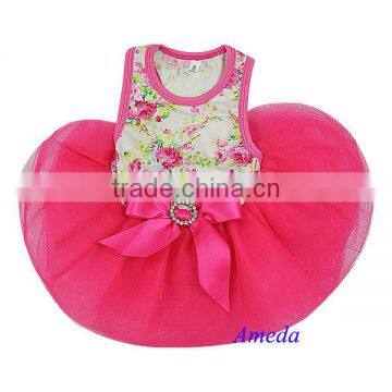 White Hot Pink Rose Flower Crystal Bow Party Dress Small Pet Dog Cat Clothes XS-L