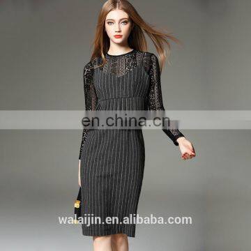 Women's high quality stripe pencil dress with lace panel peplum waist dress