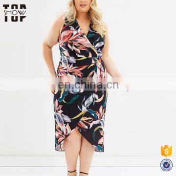 Women's black curvy plus size sleeveless v neck floral print midi wrap dress