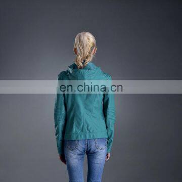 2017 Fashionable Ladies Leather Jacket With Cap PU Washed Women Bomber Jacket photo-4