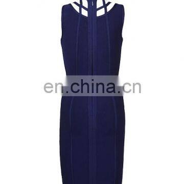 Amigo 2017 New Style Blue Sleeveless Sexy Cut Out Bandage Dress Midi Evening Dresses for Women Party Wear photo-3