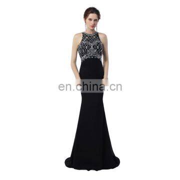 Real Picture Black Sleeveless Sheath Sweep Train Beaded Sequins Satin Zipper Jewel Women Prom Dress