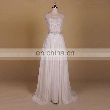 Decent Sheath Scalloped Lace Beaded Belt Beach Wedding Dress Real Photos