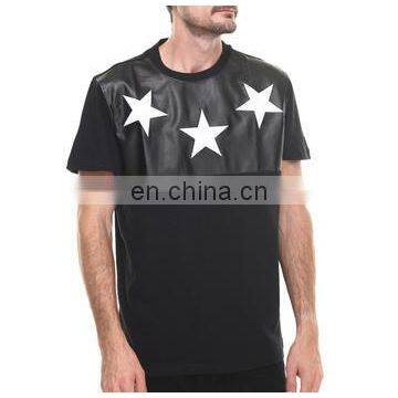 mens fashion t shirts with PU Leather with printing - man newest fashion leather body t shirts