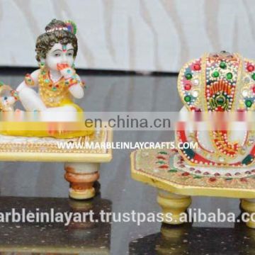 Marble Gold Painted Krishna And Ganesh Chowki