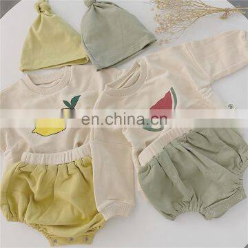 Spring and Autumn Fruit Printed Sports Casual Sweater Shorts Suit + Hat newborn baby girl clothes