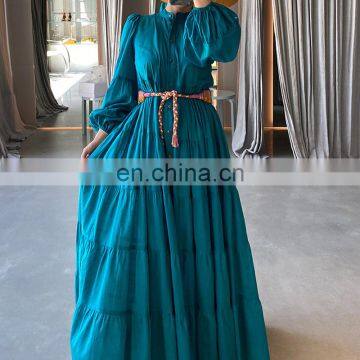 TWOTWINSTYLE Bohemian Dress For Women Temperament Stand Collar Lantern Long Sleeve High Waist Sashes photo-3