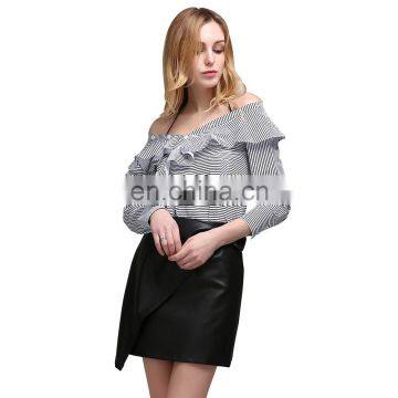 Off Shoulder Stripe Tops Clothes Ruffle Slash Neck Shirt Women photo-2