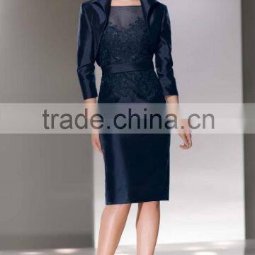 Knee-Length Beautiful Mother of the Bride Dress with Three Quarter Sleeve Jacket and Sash Elegant Blue Mother of the Bride Dress