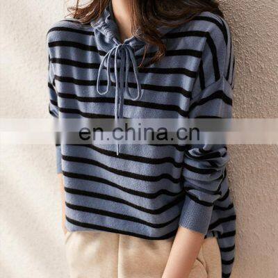 Women Casual Cashmere Knit Striped Pullover Hoodie photo-3