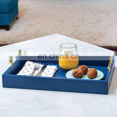 New Trend Home Decorative Table Decor Navy Blue Rectangle Metal Polished Handle Wooden Tray Food Party Wood Serving Tray