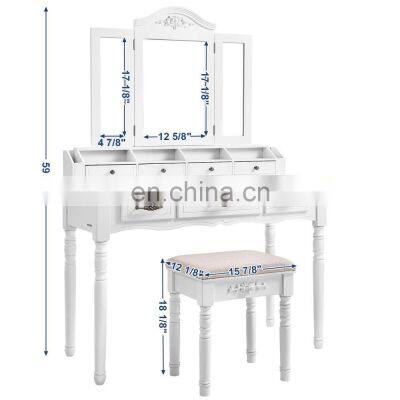 Vanity Table Set, Tri-folding Necklace Hooked Mirror 6 Organizers Makeup Dressing Makeup Desk With Drawers Cushioned Stool photo-5