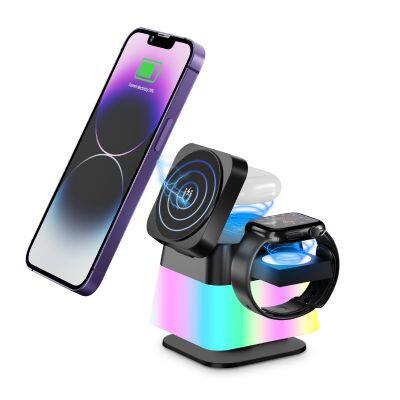 3-in-1 Wireless Charging Night Light 15W Wireless Fast Charger Multi-function Charging Bank Mobile Phone Headset Watch