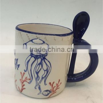 Marine series of embossed 3D ceramic spoon mug