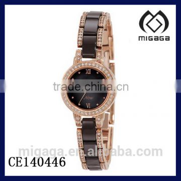 latest design ceramic watch-gold plating CZ setting black ceramic watch for women