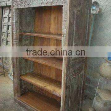 RECYCLE WOOD BOOK SHELF Antique Wooden and Metal Book Shelf Wooden Book Shelves PAINTED CARVING BOOKSHELF