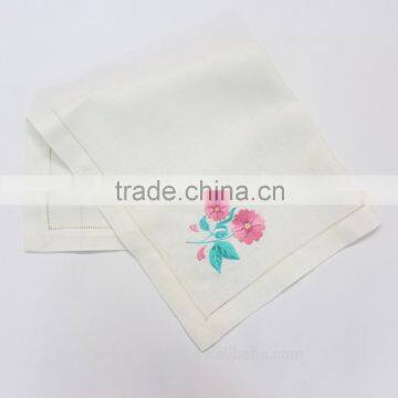 Flowers Embroidered Hemstitched Linen Table Napkin