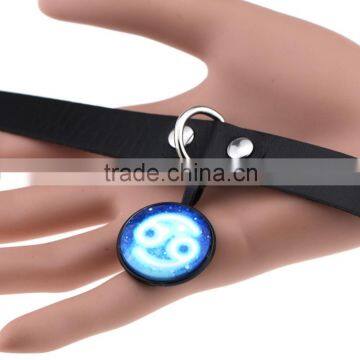 12 Zodiac Charm Pendant Glass Gem Cabochon Necklace Black Leather Collar Choke