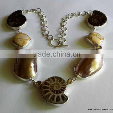 Nautilus Shell Brown Ammonite & Brecitted Mookaite Necklace, 925 Sterling Silver Necklace, Designer Necklace