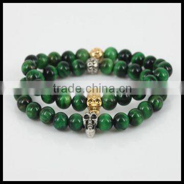 Natural green round stone beads cheap bracelets charm silver and gold skull head women bracelet