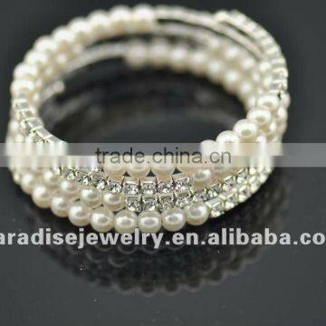 4 row pearl and rhinestone graduated wraparound coil bracelet-BRW060413