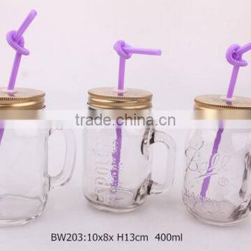 400ml Glass Mason Jar With Handle and Plastic Straw