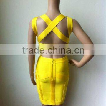 Top Quality Yellow 2 Piece Above Knee Mini Bandage Dress Night Club Party Slim Dress photo-5