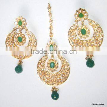 Dangler CHAND BALI EARRINGS TIKA GREEN POLKI gold tone EARRINGS