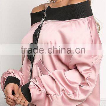 MGOO 2017 Hot Sale Cheap Price Off Shoulder Pink Jackets Custom Fashion Satin Bomber Tops Crop Style photo-4