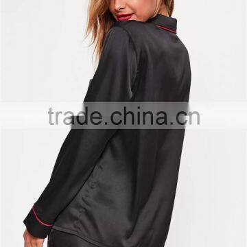 MGOO Custom Embroidery Logo Black Satin Pyjamas Sets For Women Long Sleeves Buttons Shirt Long Pants Nightwear photo-5