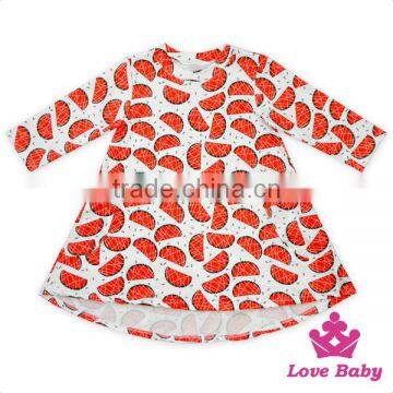 Lovely Children Dress Printed Watermelon Long Sleeve Short Front Long Behind With 2 Pockets Clothing Frock Design For Baby Girl