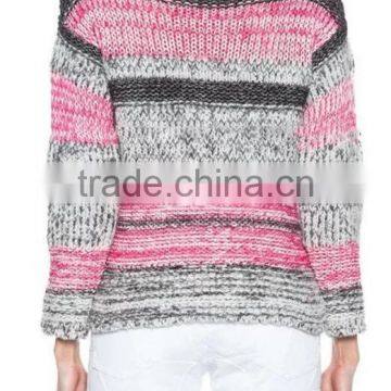 EY0866S Ladies Grey and Pink Striped Pullover Boat Neck Sweater Knitting Pattern photo-4