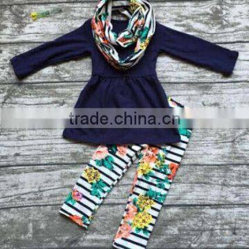 2016 FALL/Winter scarf set children cotton suit baby floral striped girls 3pieces ruffles print pants boutique clothes kids