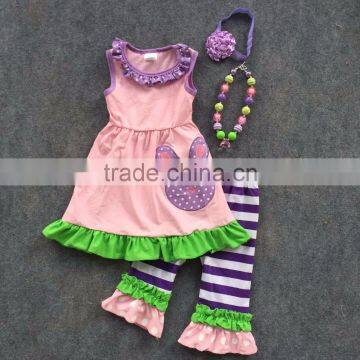 2016 New Baby Girls Kids Easter Pink Purple Bunny Outfits Sleeveless Shirt Summer Outfit With Matching Necklace and Headband Set photo-1