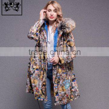 Manufactured high quality winter style rabbit fur lined down feather parka women fur with raccoon fur collar