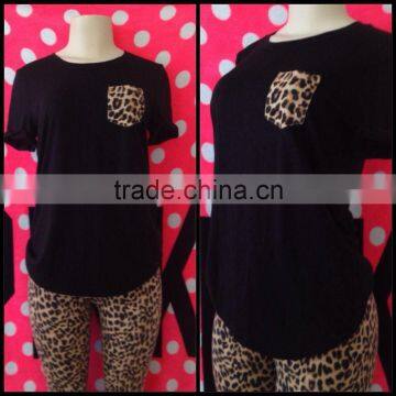 hot selling short sleeve plain black t shirts with leopard print pocket