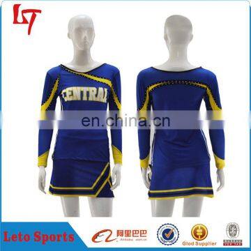 Top quality custom made cheap long sleeve blue cheerleading uniforms