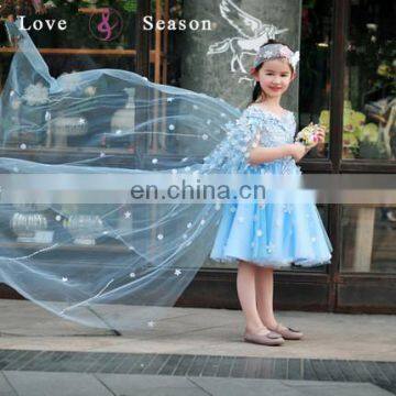 XXLF217 Blue Handsome Hemline Organza Flowers Flower Girl Dress Patterns Plain Flower Girl Dress