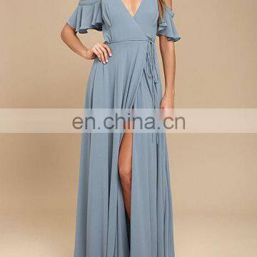 EASY LISTENING SLATE BLUE OFF-THE-SHOULDER WRAP MAXI DRESS #RCTD3191