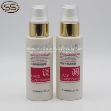 Screen Printing Handling 100ml Plastic Cosmetic Lotion Bottle with Golden Pump